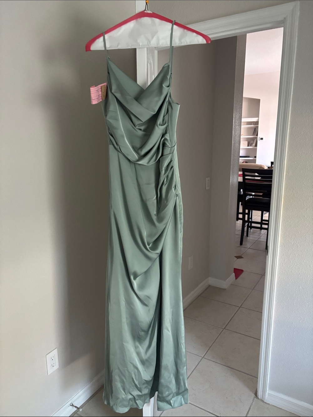 Sage Green Draped Satin Maxi Dress with Spaghetti Straps